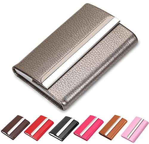Waylipun porta biglietti da visita, custodia in pelle PU di lusso per biglietti da visita, Porta Biglietti da Credito in Acciaio Inox con fibbia magnetica per Uomini e Donne（Grigio）