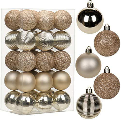 30 pcs Christmas Baubles Xmas Ball Ornaments with Strings, 50mm/2.0 Champagne Gold Shatterproof Plastic Hanging Decorations, Christmas Tree Pendants for Home Party Wedding Holiday