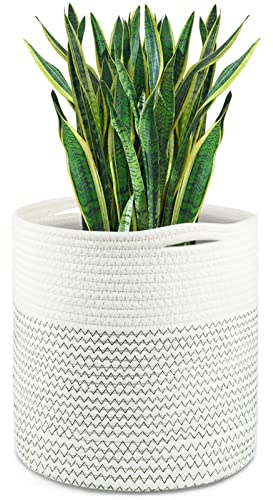 tenn well Maceta de 30 cm x 30 cm con forro, cesta de almacenamiento tejida de algodón para plantas de interior, maceta y decoración del hogar (blanco y negro)