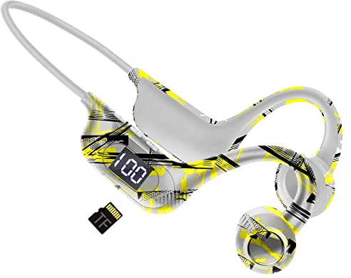 Ecouteurs sans Fil, Casque Conduction Osseuse Bluetooth,avec Microphone,Affichage de la Puissance,Fente pour Carte TF,écouteurs résistants à la Transpiration pour Running Cyclisme Travail (Jaune)