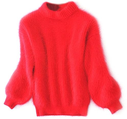 CHUSHEN Women's Casual Cable Knit Jumper Long Sleeve Crewneck Solid Color Chunky Pullover Sweater, Cashmere Loose Solid Color Knit Sweater, Vintage Angora Sweater for Women (Red,One Size)