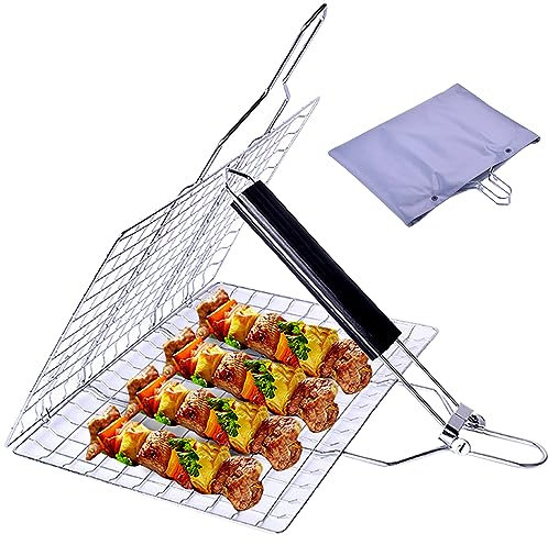 Cesta de barbacoa de acero inoxidable, parrilla plegable portátil con mango extraíble para asar al aire libre, pescado, verduras, rectángulo
