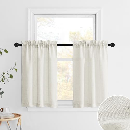 Pony Dance Kitchen Curtains Over Sink 30 Inch Length, Flax Linen Rustic Farmhouse Short Cafe Sheer Curtains Rod Pocket Half Window Tiers for Small Window Bathroom Basement RV, Linen, 2 Panels