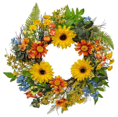 Künstliche Sonnenblume Blumenkranz Türkranz Blumenkranz Deko groß Ø45cm Türkranz Wandkranz Frühlingsdeko für Frühlings-Sommer-Osterdekoration, Zuhause, Parties, Türen, Hochzeiten