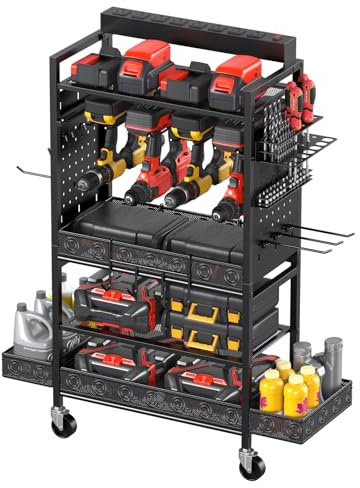 CCCEI Garage Power Tools Organizer Cart with Charging Station, Black Floor Standing Rolling Drill and Tools Battery Storage Cart on Wheels. Utility Rack Gift for Men, Husband, Father.