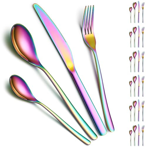 Set di posate 24 pezzi Servizio per 6 con placcatura in titanio arcobaleno ReaNea Include coltelli da tavola, cucchiai da tavola, forchette da tavola, cucchiaini