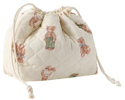 Cotton Quilted Drawstring Makeup Bag with Canvas Lining,Coquette Aesthetic Cute Travel Toiletry Bag,Drawstring Gift Bag for Women and Girls（04White Bear）