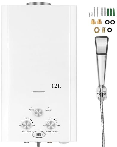 Xverycan Chauffe eau Gaz 12 LPM, 24 KW Chauffe eau Instantané GPL, Fonctionne dès 0,25 Bar de Basse Pression, Double Allumage, Mode Saison pour Économiser le Gaz, pour Maison et Camping Car