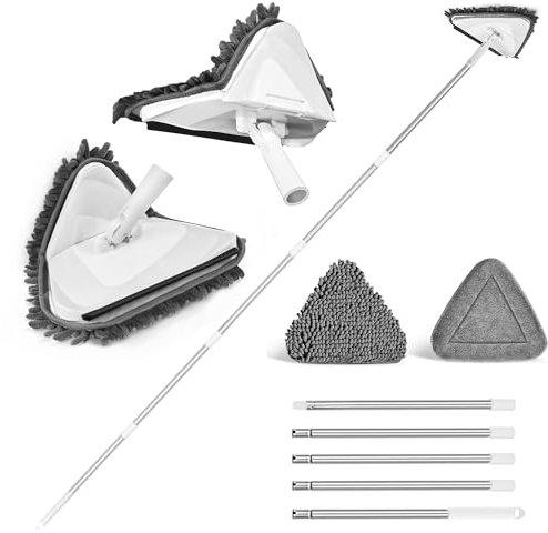 JEHONN Mopa para Limpiar Azulejos y Paredes, Mejorado Fregona Techo Triangular Giratoria 360°, Trapeador Microfibra Extensible hasta 202 cm, Esfregona Fregar Suelos, Ventanas Altos (Blanco)