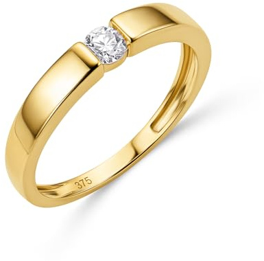 MIORE Bague Femme, Bague de Fiançailles avec Diamant 0.15Ct serti Tension en Or Jaune 9 Carats 375, Bague Solitaire, Alliance Femme, Bague Vrai or, Bijoux Femme Hypoallergéniques Fabriqués à La Main