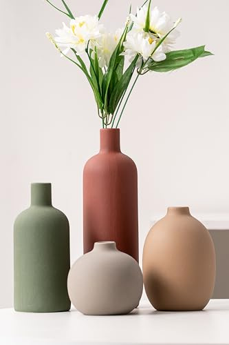 VASETOPIA Vasi in Ceramica, Set di 4 Vaso Decorazione in Neutro Nordico per Soggiorno, Ufficio, Cena Tavolo, Partito (Rosso/Verde/Marrone scuro/Grigio)
