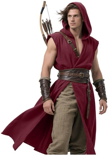 L'VOW Renaissance Hooded Tunic Men's Medieval Sleeveless Vest Cloak for Viking Costume LARP Halloween Knight Cosplay, Burgundy,M