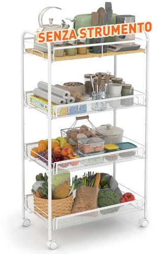 Sekey Rollwagen, Küchenwagen mit 4 Ebenen | Oberer MDF-Platte | Stahl | 360°-Räder | Griff | Nischenregal auf Rollen für kleine Räume, Küche, Bad, Wohnzimmer, Arbeitszimmer | Weiß