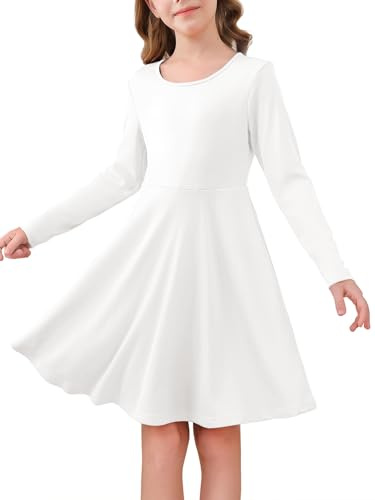 Haloumoning Robe pour fille à manches longues et col rond - Robe décontractée - Ligne A - Élégante - Couleur unie - Robe midi festive - Mariage - Robe pour enfants de 5 à 14 ans, Blanc., 9-10 ans