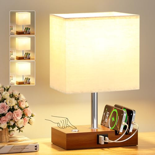 PreeOtti Bedroom Lamp with Walnut Wood Charging Station | USB A+C Charging Ports, Touch Lamps Bedside with 2 Phone Slots, Wood Charger Organizer for Dorm, Study, Office(Bulb Included)