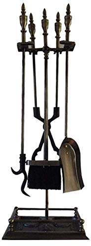 Fireplace Tool Set,Wrought Iron Fireplace Tool Set with Gold Handle 5 Piece Kit for Indoor and Outdoor Firewood Maintenance Includes Holder for Convenient Storage
