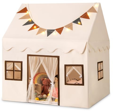 COSTWAY Tienda de Campaña Infantil, Casita Infantil Tela con Alfombra Antideslizante Acolchada, Banderines, Luces, Cortinas, Ventanas,Tipi Interior para Niños de 3-14 Años (3 Ventanas)