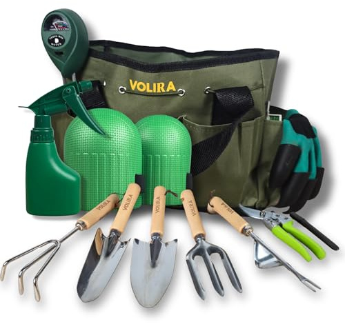 VOLIRA - Kit Jardinería 14 Piezas con Bolsa,Herramientas de Jardinería de Acero Inoxidable, Tijeras de Podar SK5, Medidor de Humedad, Guantes y Rodilleras – Set Jardinería para Huerto Urbano y Regalo