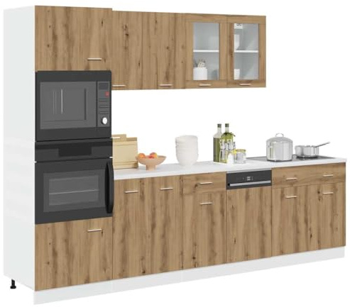 ACAGALA Set de armarios de cocina de 7 piezas, bloque de cocina ajustable - línea de cocina empotrada, roble artesanal MDF, cocina completa, sin encimera, armario de cocina, armario suspendido