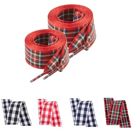 TwizzTop 2 Pairs Tartan Laces for Trainers,25mm Wide Scottish Plaid Shoelaces,Fashion Gingham Flat Shoe Strings for Vans Converse Skate Shoes Sneakers,Red/Green 140cm