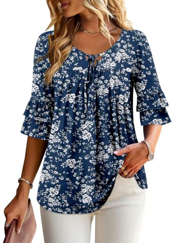 KISSMODA Womens Crew Neck Tied Blouses Double Tiered Ruffle 3/4 Sleeves Shirts Pleated Cute Tunic Tops Fashion Flowy Outfits