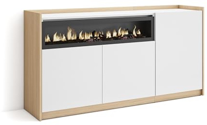Skraut Home | Aparadores para salón | Gran Capacidad de almacenaje | 156x80x37 cm | 3 Puertas | Chimenea eléctrica | Estilo Moderno | Blanco y Roble Soft