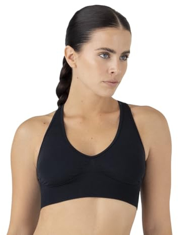 Reggiseno Sportivo in Seamless Made in Italy - Sports Bra Incrociato Senza Cuciture e Senza Ferretto – Brassiere Easywear Fitness, Tempo Libero – (IT, Testo, XS, S, Regular, Regular, Black Beauty)
