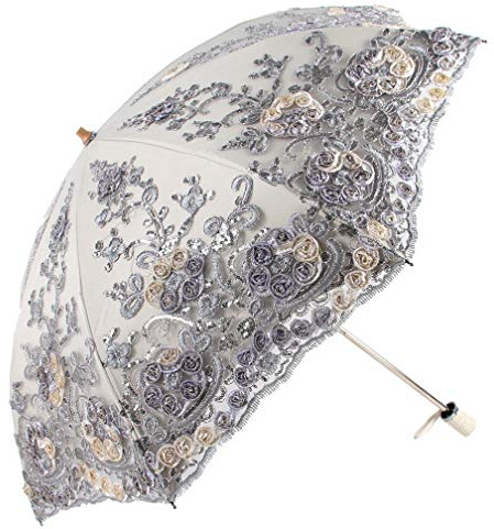 Honeystore Wedding Lace Sun UV Parasol 2 Folding 3D Flower Embroidery Umbrella H7207 Grey