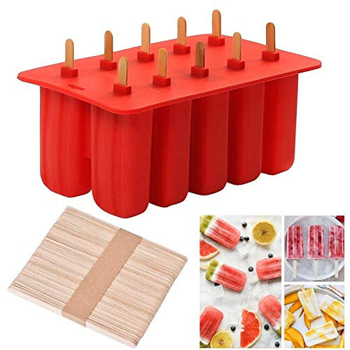 Cozywind Molde para Helados y Polos,100% Silicona Alimentaria,con Tapa,con 50 Palitos de Madera (Rojo)