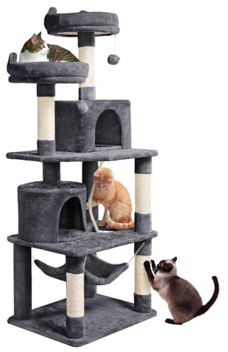 Yaheetech Albero Tiragraffi per Gatti Adulti Grandi Medi con Giocattolo Gioco Palle in Corda Sisal Naturale 61 x 49 x 158 cm Grigio Scuro