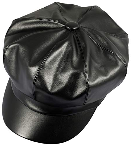 KYEYGWO PU Leder Zeitungsjunge Baskenmütze für Damen, 8 Panels Schirmmütze Newsboy Barett Hut Maler Kappe, Herbst Winter Cabbie Cap, Schwarz