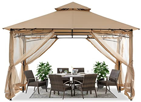 ABCCANOPY 3x3M Outdoor Gazebos With Netting for Patios Double Roof Soft Canopy Garden Backyard Gazebo for Shade and Rain (Beige)