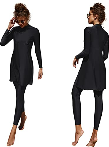 Femmes Maillots de Bain Musulmans Islamique Modest Couverture Complète Burkini Manches Longues Haut Pantalon Natation été Tenue Plage Maillots Rashguards 2 Pièce Noir - Fluide M