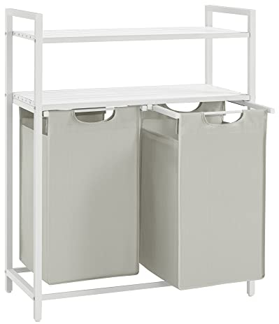 VASAGLE Laundry Basket, Laundry Hamper, Laundry Sorter with 2 Pull-Out and Removable Bags, 2 Shelves, 46L Capacity per Bag, for Laundry Room, White BLH211W01
