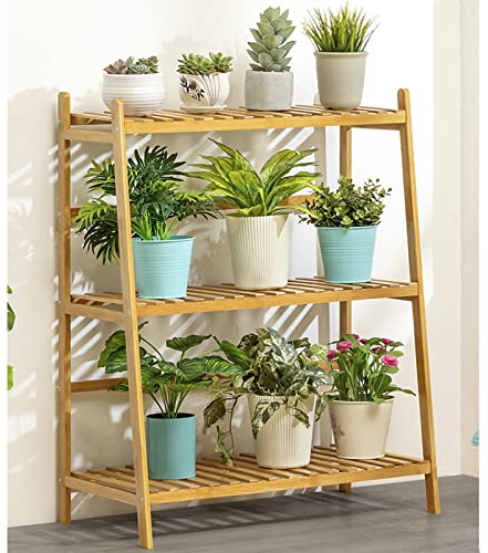 Support de Plante à 3 Niveaux, Étagère à Fleurs en Bambou pour Extérieur Intérieur, Escalier Multifonctionnel à Fleurs Décoratif en Échelle pour Balcon, Salon, Bureau, Jardin,W70cm/27.5in
