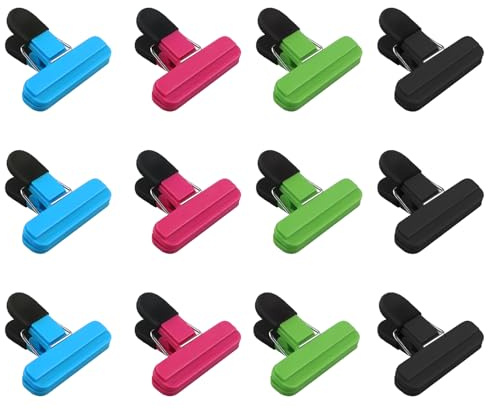 Xxinxrong 12Pcs Reusable Food Bag Clips for Sealing - Airtight Kitchen & Freezer Bag Clips, 4 Colours, Strong Grip for Snacks, Bread, Pet Food - Ideal for Home, Travel & Camping Storage