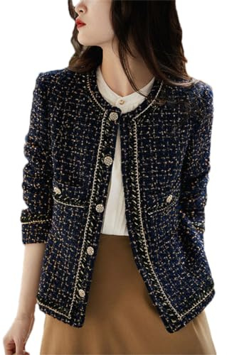 Tdvcpmkk Veste courte en tweed à col rond pour femme - Automne et hiver, bleu marine, X-Large