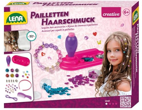 LENA 42718 Pailletten Haarschmuck, Komplettset für die Herstellung von Schmuck für die Haare, Bastelset für Kinder ab 6 Jahren, Pailletten in 6, Applikationsgerät, Perlen-Armband