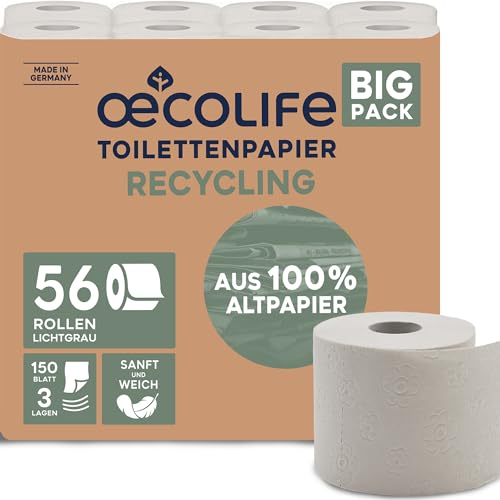 œcolife Toilettenpapier RECYCLING, 56 Rollen à 150 Blatt, 3-lagig, superweich, Dermatest geprüft