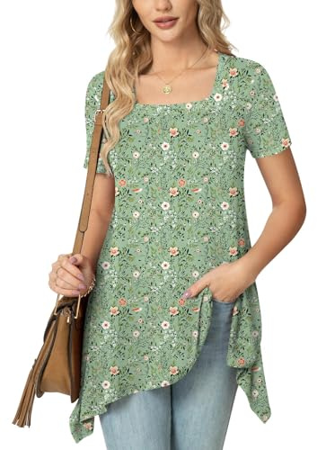 POPYOUNG Ladies Tunic Tops to Wear with Leggings Short Sleeve Floaty Square Neck Blouse Summer Dressy Casual Longline Shirts for Women L, Green Floral/Mix
