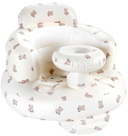 Hvygss Inflatable Baby Seat with Tray, Comfortable Sit Me Up Floor Seat for Baby Learning to Sit, Portable Built in Air Pump Back Support Blow Up Infant Floor Chair for Babies 3 Months (Bear Cub)