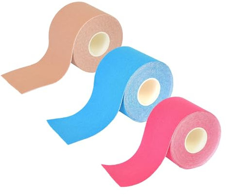 Tape Kinesiologico SPORTHERAPY: Allevia Contratture e Tensioni Muscolari - 90% Cotone, Non Contiene lattice - Certificato Dispositivo Medico | 5CM X 5M (Naturale - Fucsia - Azzurro 3PZ)