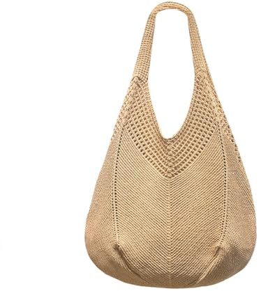 Mabecol Sac de plage femme, sac bandoulière, grand sac cabas en polyester tricoté, Grande capacité, idéal pour la plage, les courses et le quotidien (250brown)