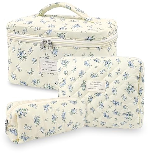 Aucuu Beauty Case, 3 Pezzi Floreale Grande Capacità per Il Trucco, Borsa da Toilette Trapuntata, Beauty Case da Viaggio Cotone Morbido, Beauty Trapuntato Grandei da Toilette Makeup Bag Organizer