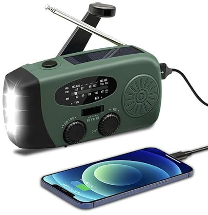 Radio Manivela de Emergencia Portátil, Radio AM/FM Recargable Solar y por Manivela, 2000mAh Powerbank, Linterna LED de 3 Modos, Luz de Lectura-Cargador Celular, Alarma SOS para Camping y Supervivencia
