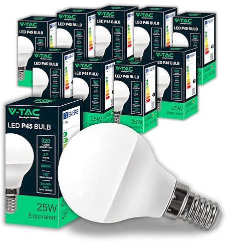 V-TAC 10x Lampadine LED P45 Massima Efficienza - E14-3,7W (Equivalenti a 25W) - 320 Lumen - Lampadina LED Pallina da Golf - Risparmio Energetico - Luce Bianca Calda 3000K