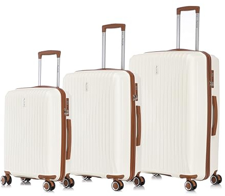 CELIMS - Set de 3 Valise en Polypropylène | Valise Cabine + Moyenne + Grande | Taille 55+65+75 cm cm | Serrure TSA | 8 roulettes 360 | Beige