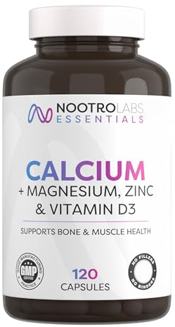 Nootro Labs Essentials Calcium Supplement with Calcium Citrate, Magnesium, Zinc and Vitamin D3 (120 Capsules), to Support Strong Bones, Muscle Function, Energy Metabolism and Overall Health