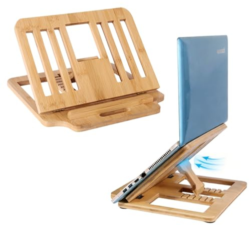 XIKEMADI Bamboo Foldable Laptop Stand Holder, 6-Level Adjustable Ergonomic Notebook Riser with Heat Dissipation for 10-17 Inch Laptops, MacBook, Tablet