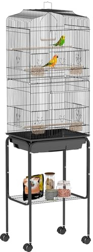 PawHut Cage à Oiseaux sur Pied volière Oiseaux sur roulettes avec Toit ouvrant 3 perchoirs étagère inférieure 46,5 x 36 x 157 cm